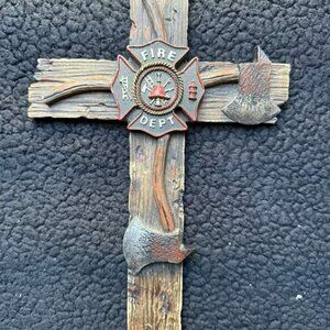 Urbalabs Western 12" Firefighter Wall Cross - Fire Dept Decor - First Responder